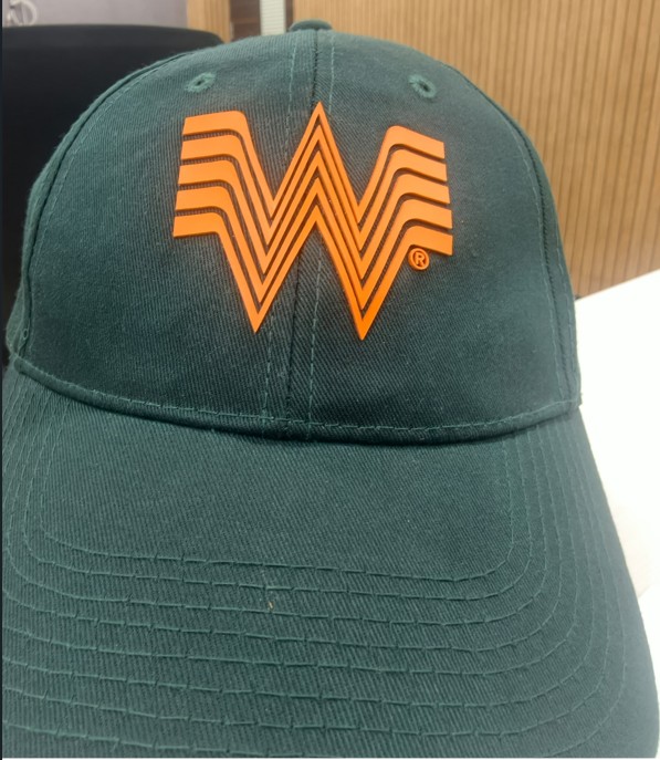 How To with Raised HD Transfer on a 6 panel Hat for What-A-Burger Franchise with iconic W and cirsp tiniest Registration Mark with clarity by Abcoln What A Burger